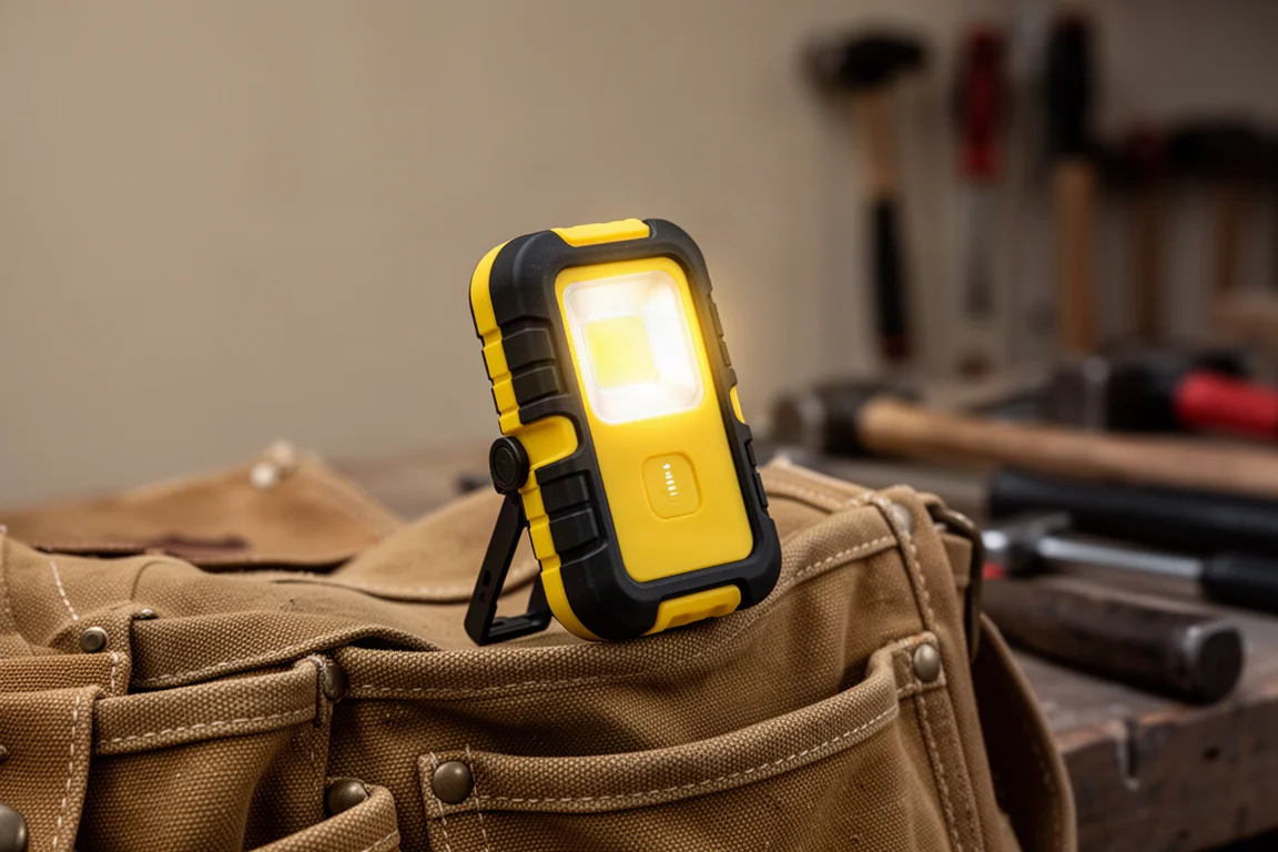 Compact work light clipped to a tool bag pocket on a workshop bench