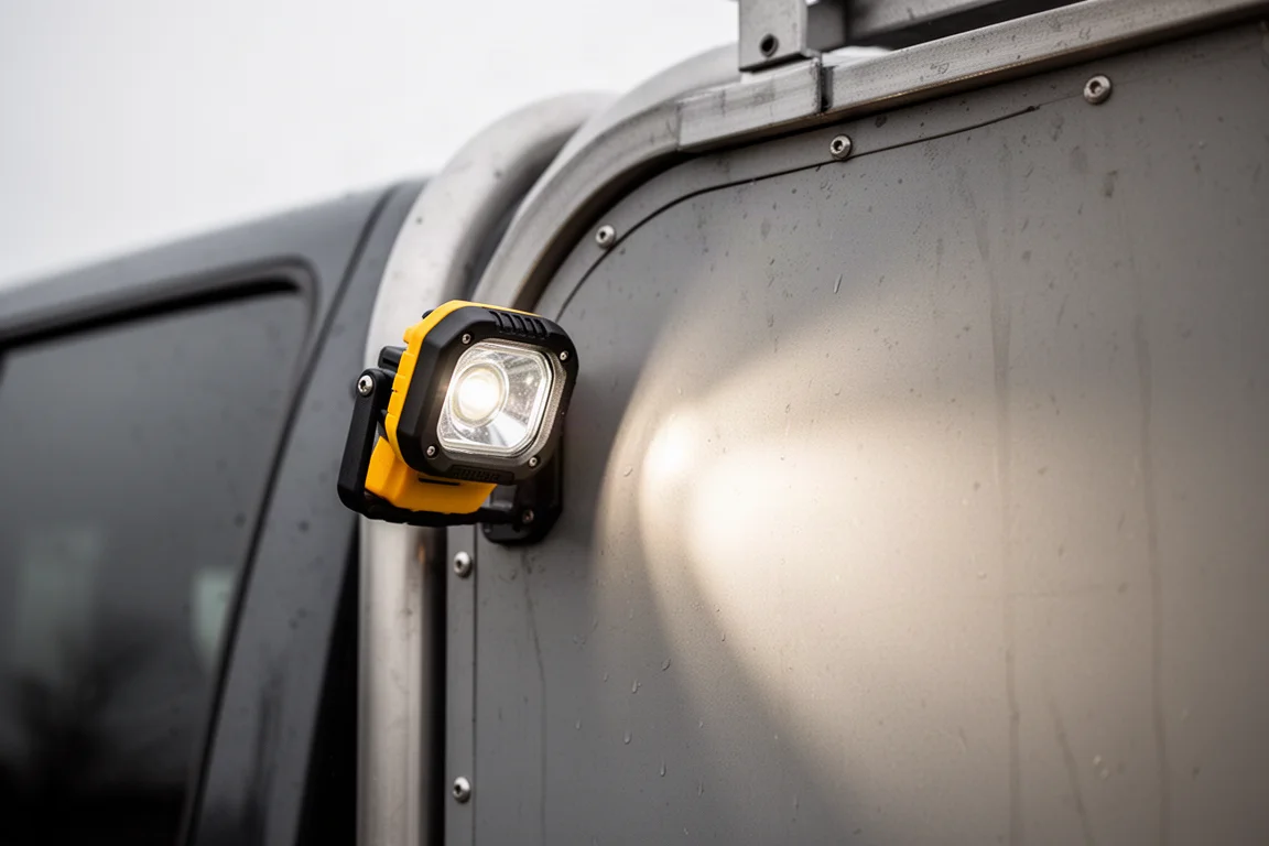 Work light magnetically attached to the side of a metal truck panel