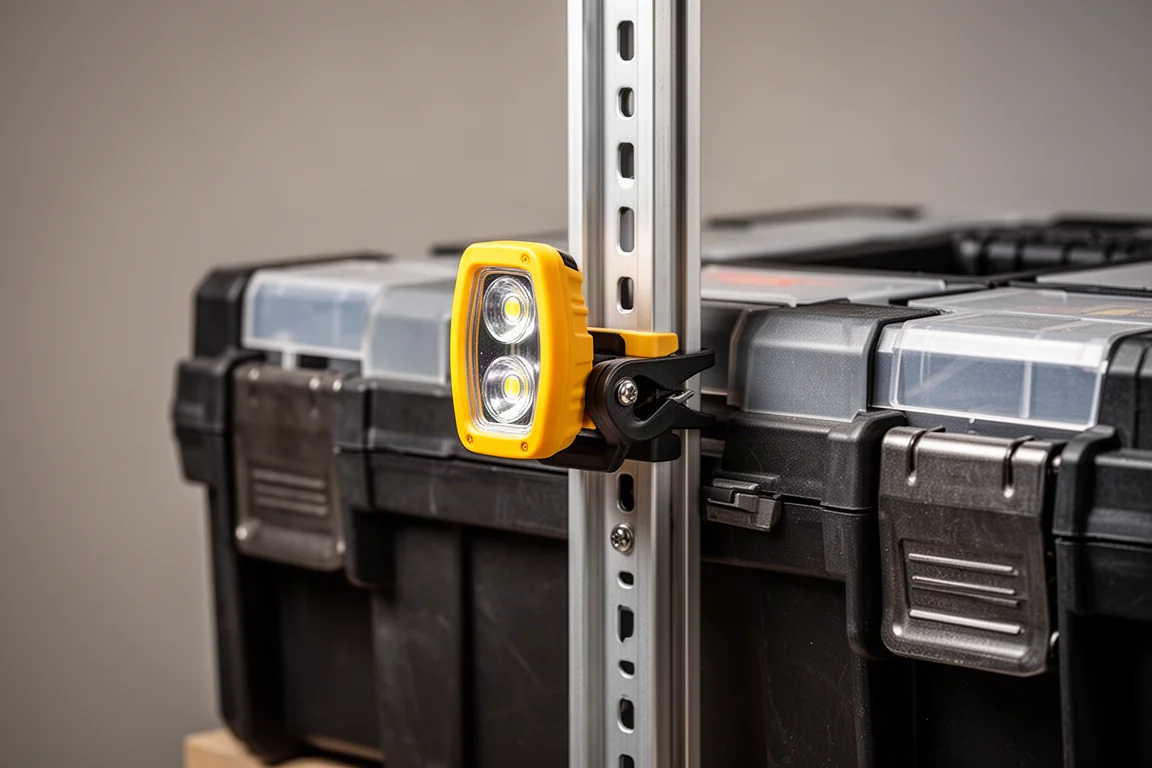 Clamp-style light snapped into the vertical rail of a modular tool box