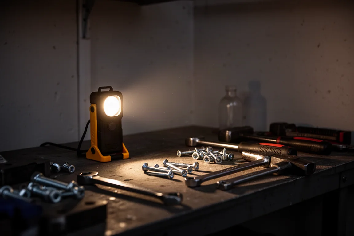 Pocket work light lighting up a dim garage corner at night