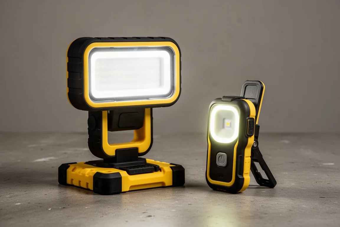 Lampa warsztatowa Klein ModBox o mocy 1000 lumens i kompaktowy reflektor 400-lumens na betonowej powierzchni