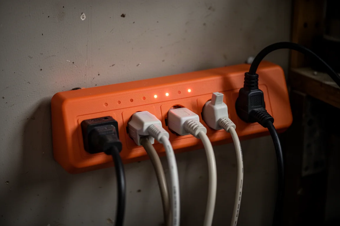 電源插座的指示燈在昏暗的工作室中柔和發亮