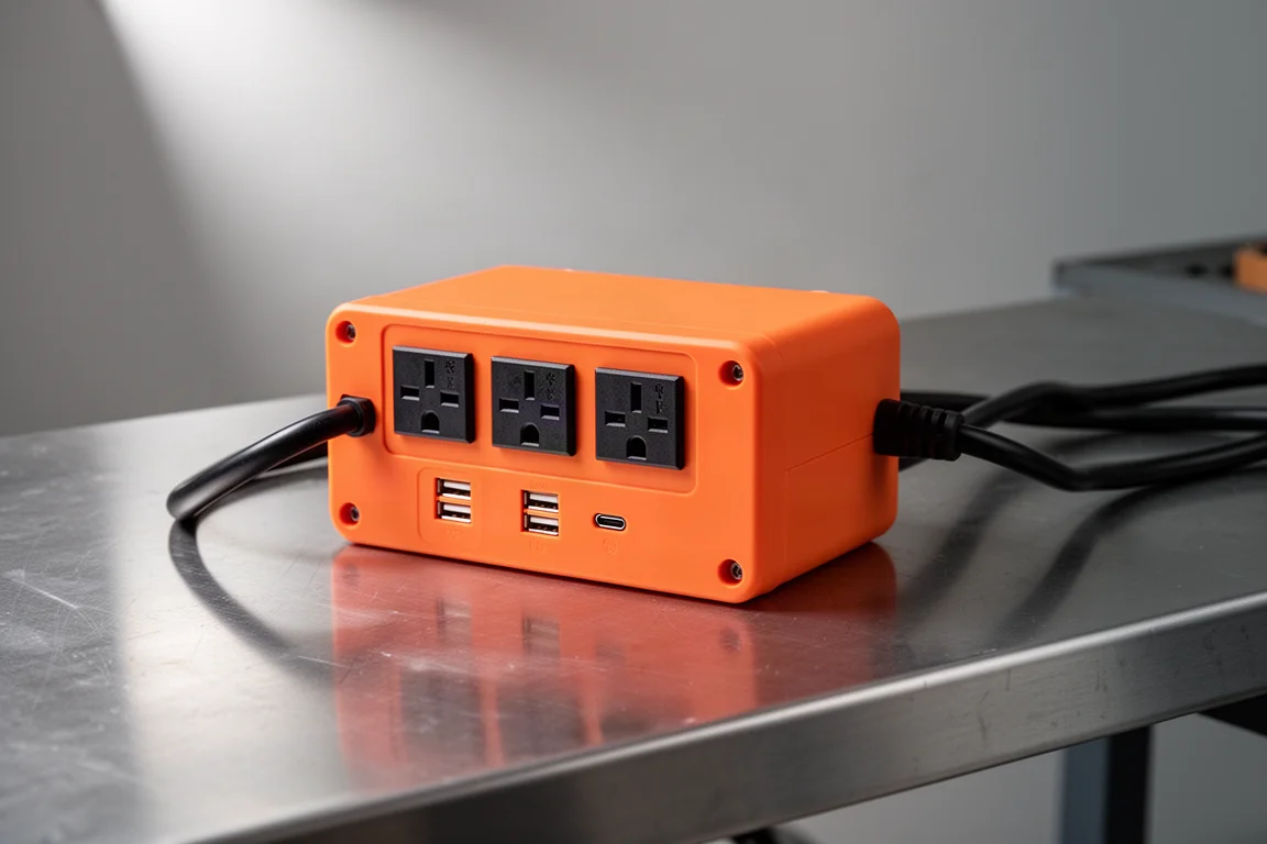 Orange Klein Power Box with four AC outlets and USB ports on a steel workbench