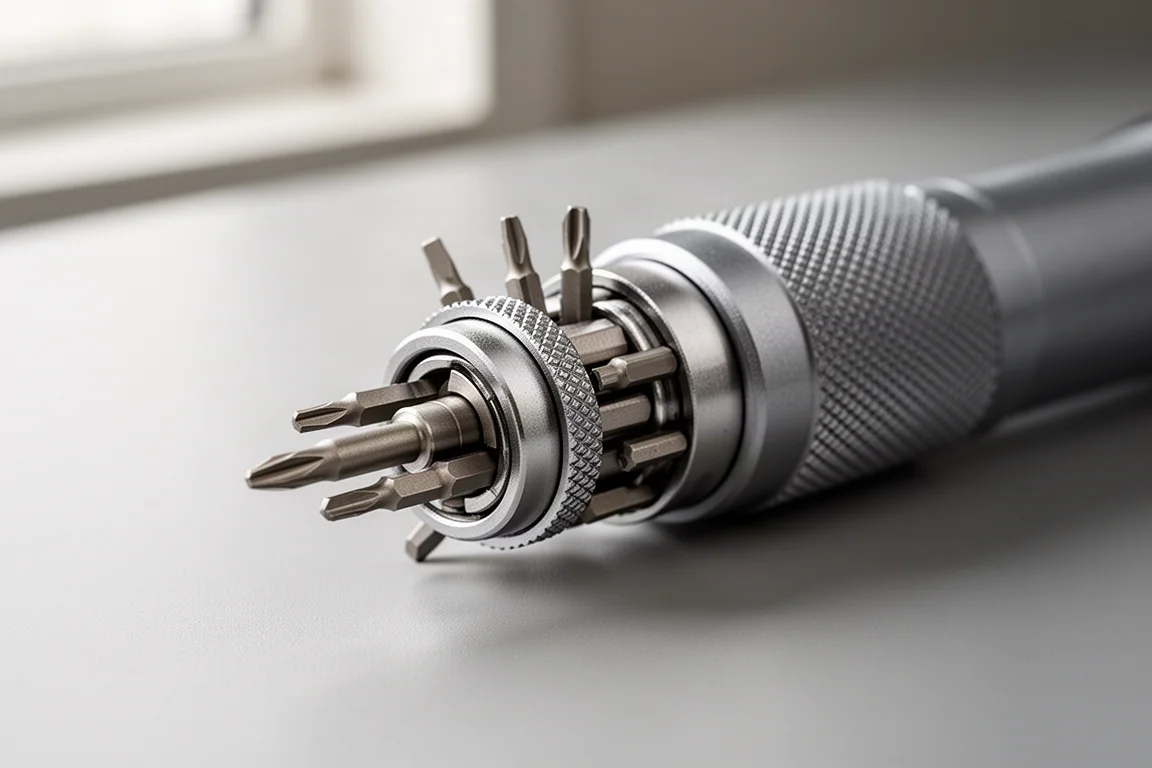 Close-up of a precision screwdriver bit carousel showing small double-ended bits