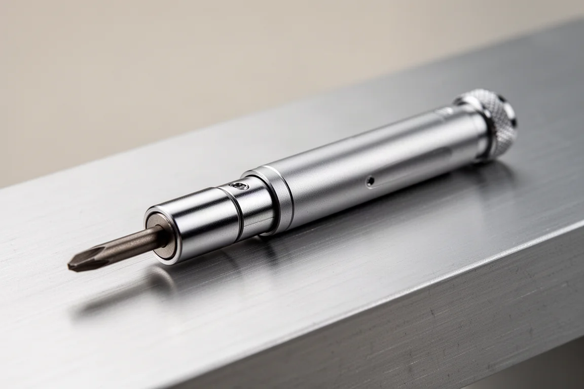Compact precision screwdriver with collar slid up to protect the bit