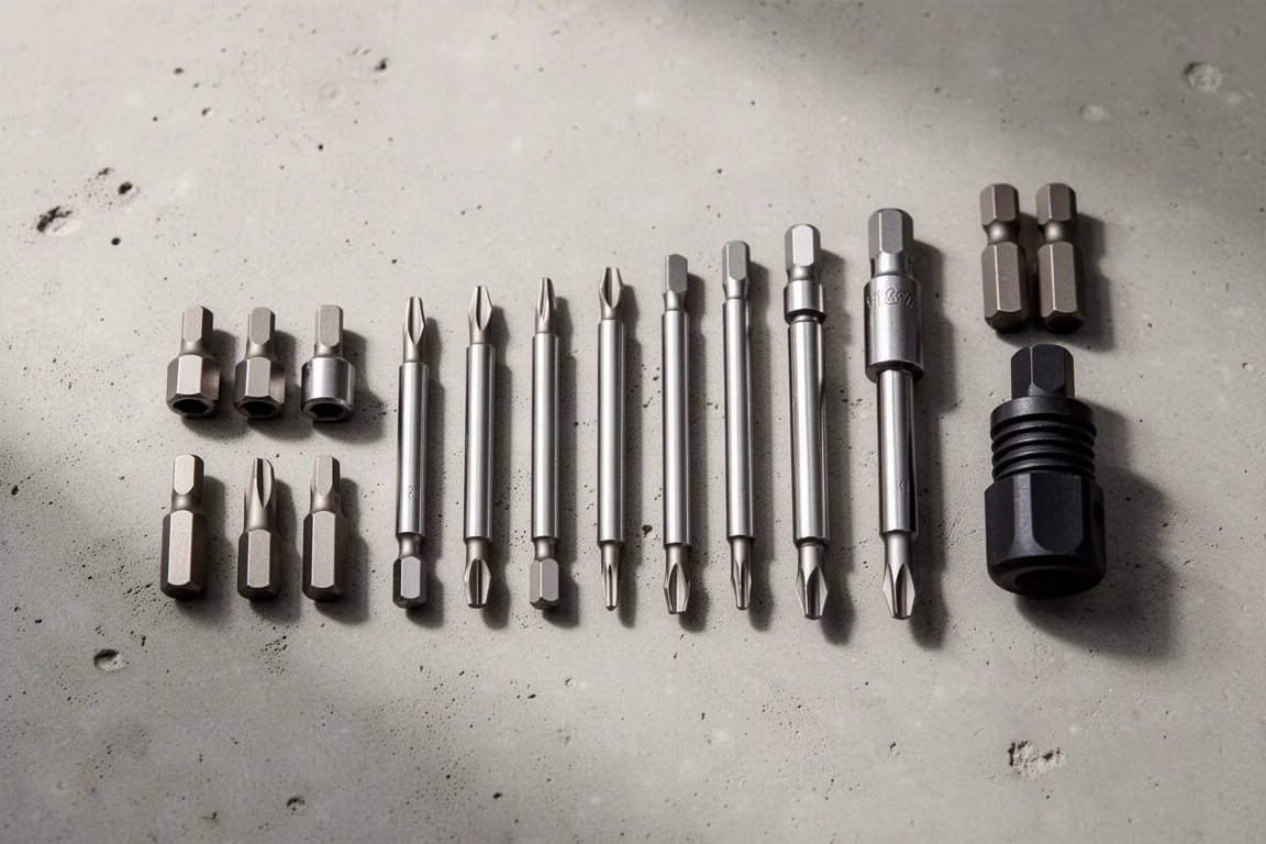 Precision screwdriver bits and adapters arranged on a workbench
