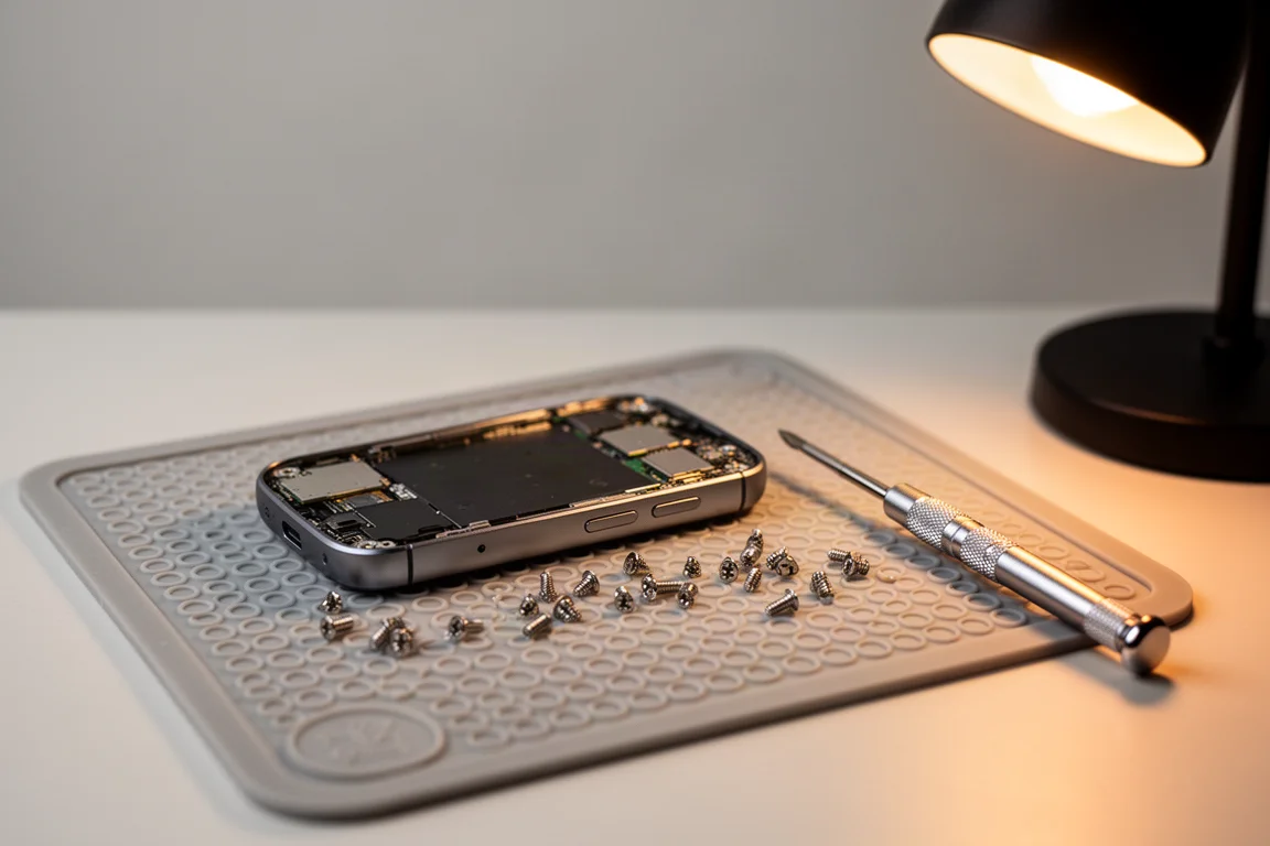 Open electronics repair work area with a precision screwdriver in use