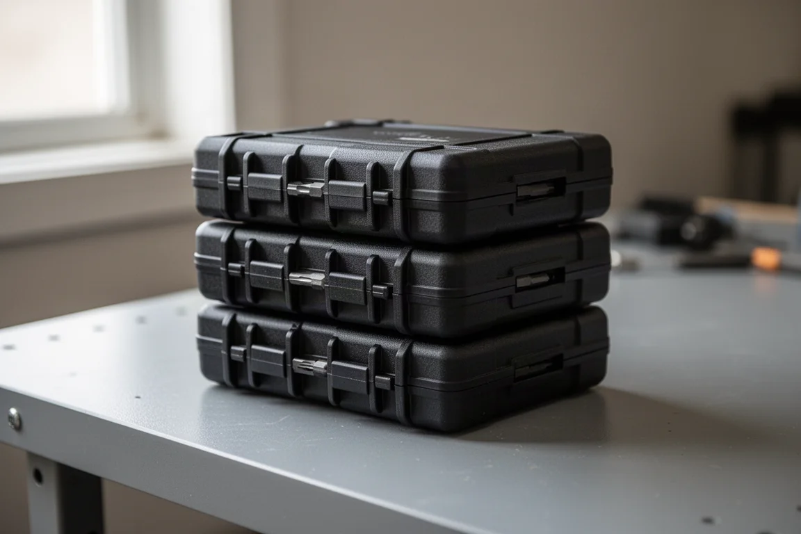 Cases compactos e empilháveis de bits encaixados juntos sobre uma bancada de trabalho