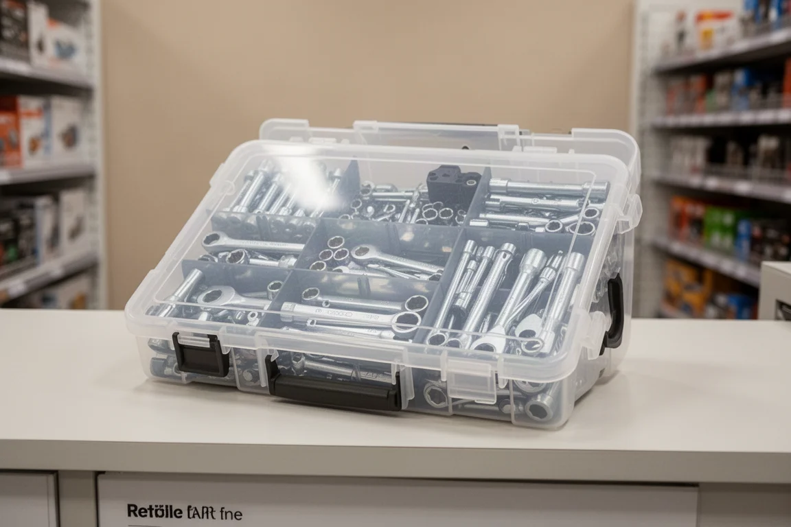 Case grande de conjunto de bits multipecas exposto sobre um balcão de loja