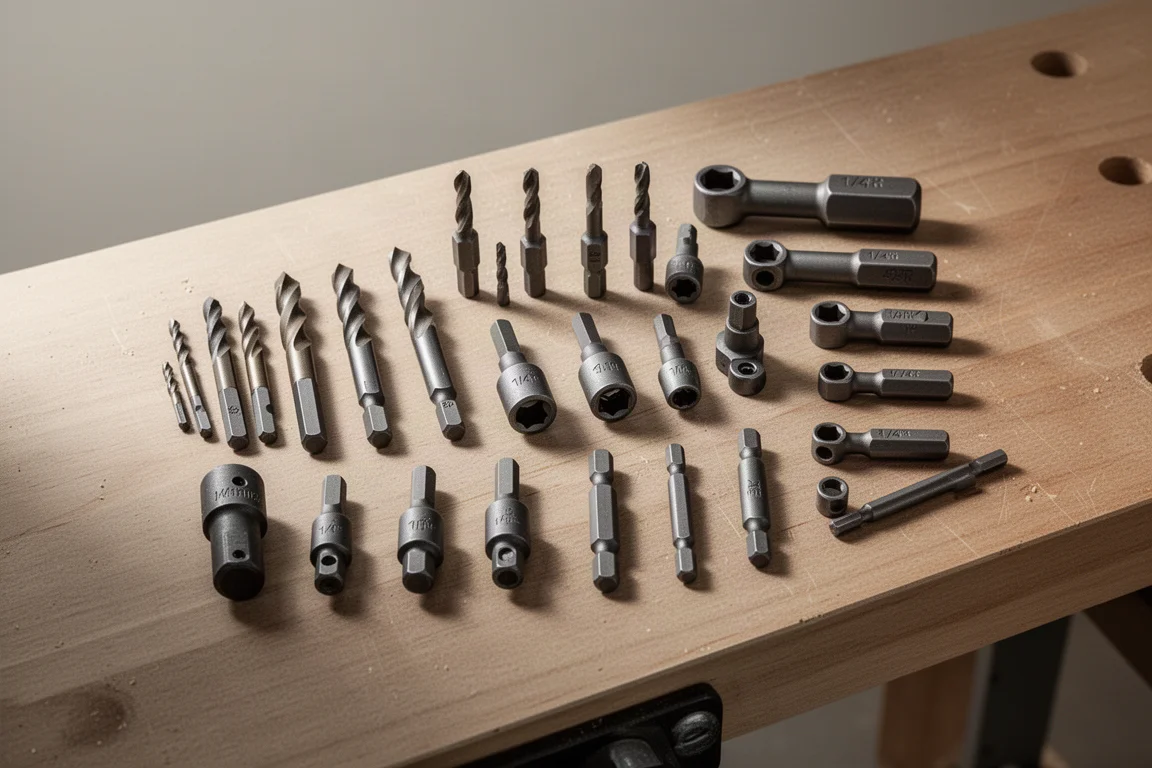 Diverse 1/4-inch zeskantbits gerangschikt op een werkbank