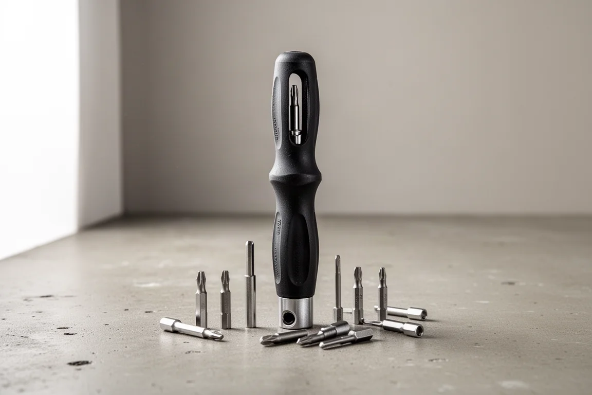 Snap-on-stijl schroevendraaier met verwisselbare shank, met bit-shanks ernaast