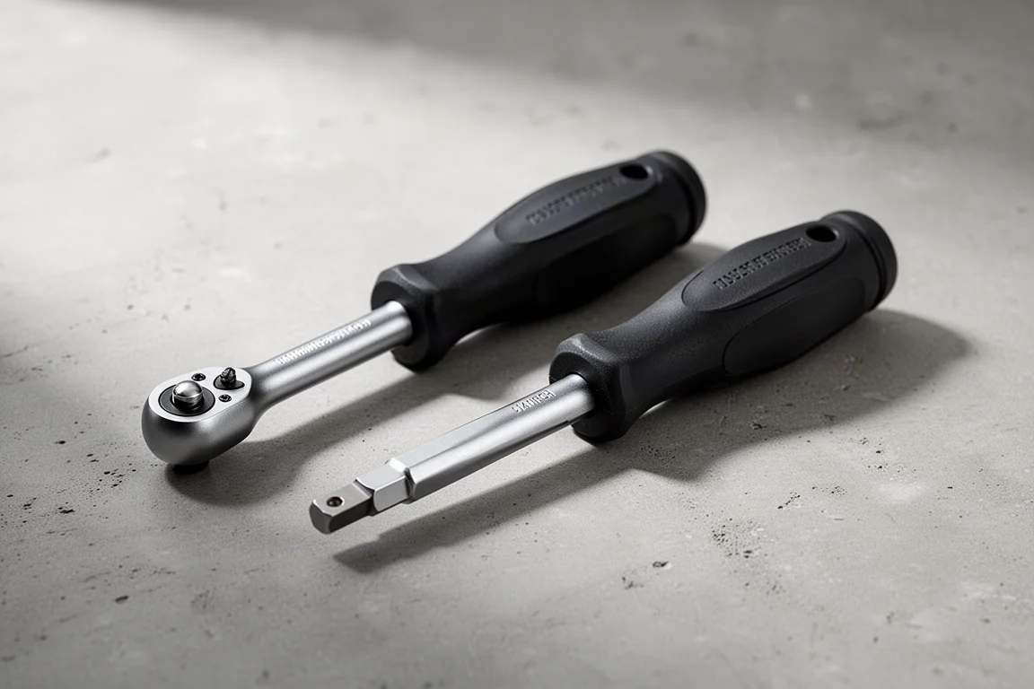 Two ratcheting stubby screwdrivers with black handles on a concrete surface