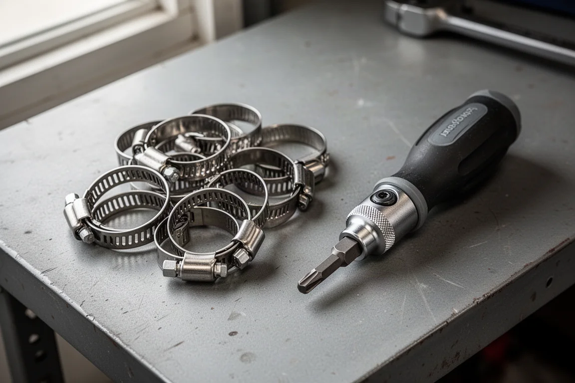 Tournevis à cliquet de taille compacte tournant la vis d'un collier dans un garage