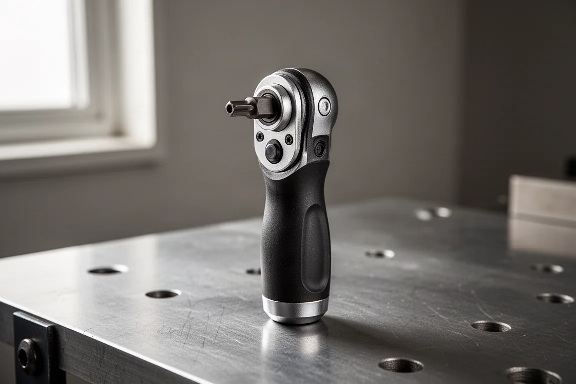 Klein ratcheting bit driver z bitem 5/16 na stalowym warsztacie
