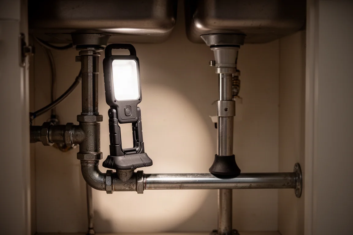 Luz de trabajo plegable compacta sobre su base magnética debajo de un fregadero