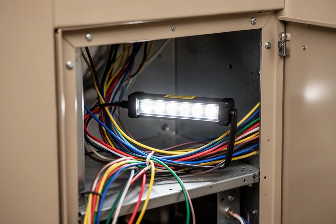 Interior de un armario de caldera claramente iluminado por una luz de trabajo, con cables de colores visibles