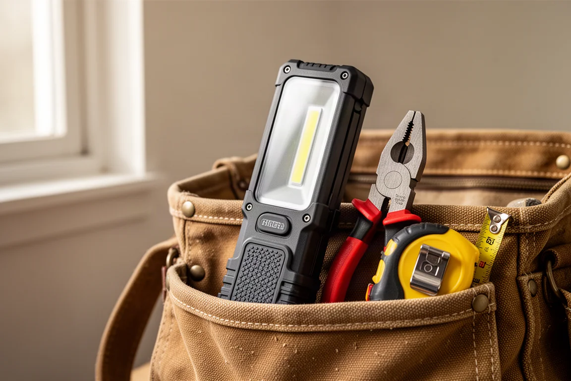 Luz de trabajo guardada en el bolsillo de una bolsa de herramientas junto a herramientas de mano