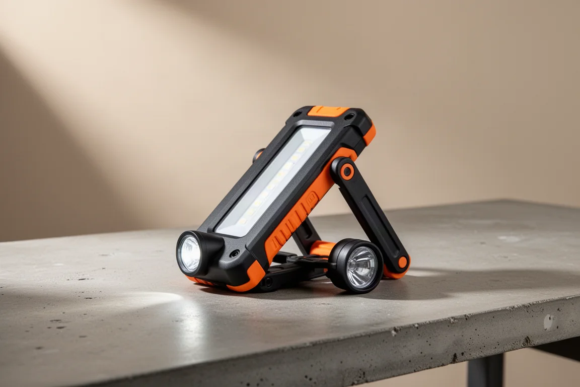 Klein folding work light partially unfolded on a concrete workbench