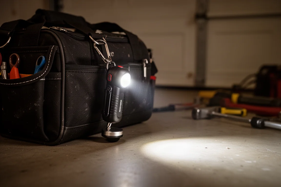 Kleine compacte zaklamp aan de zak van een gereedschapstas verlicht een werkgebied