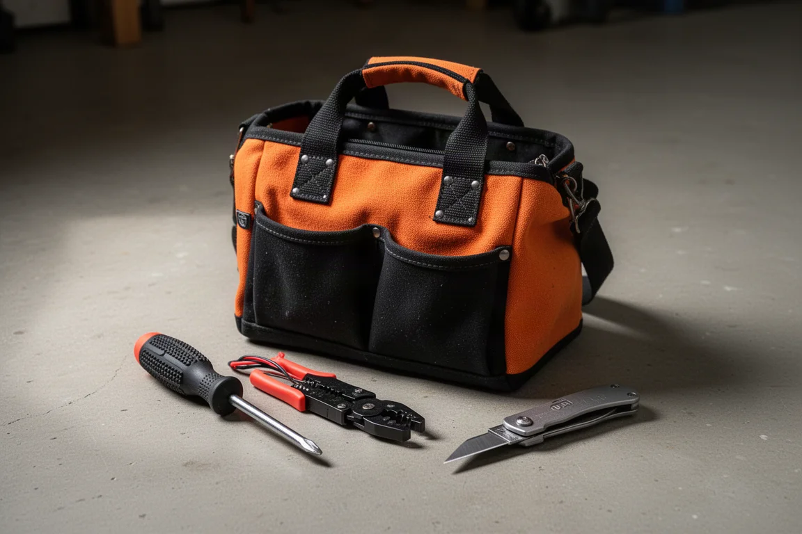 Open orange and black tool bag with hand tools on a concrete workshop floor