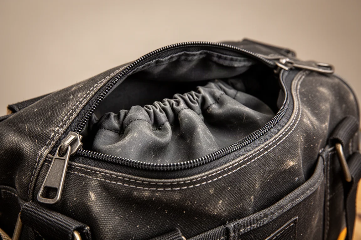 Nahaufnahme eines geschwungenen Reißverschlusses, der einer Konturkante einer Werkzeugtasche folgt