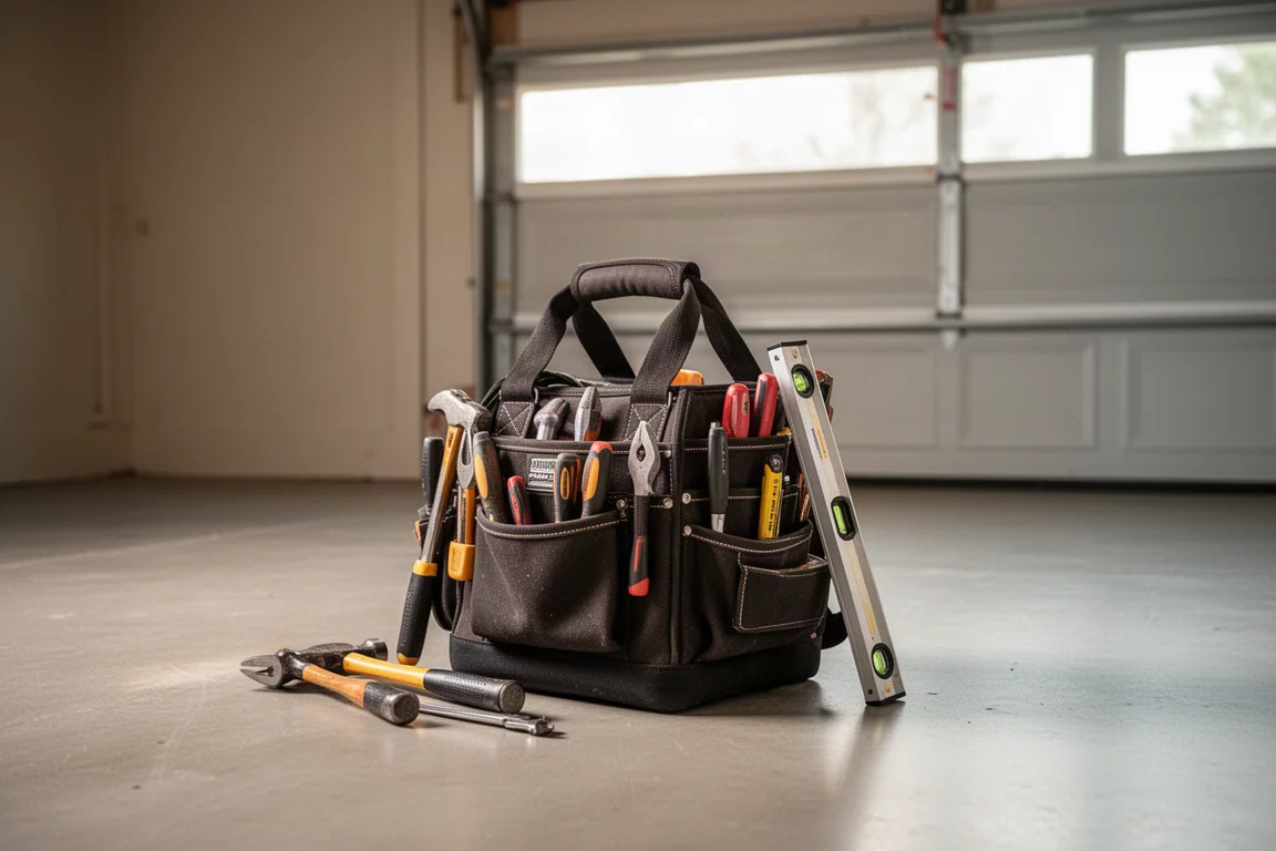 Voll beladene, kompakte hochkant stehende Werkzeugtasche auf einemGaragenboden neben verstreutem Werkzeug