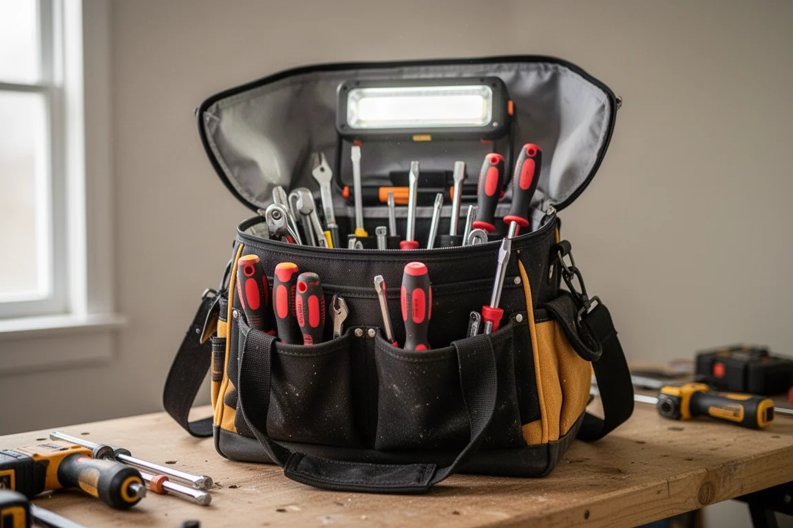 Techniker greift bis zum Boden einer hohen, geöffneten Werkzeugtasche