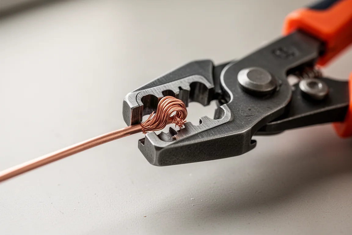 Close-up of a wire stripper jaw gripping and stripping a small copper wire