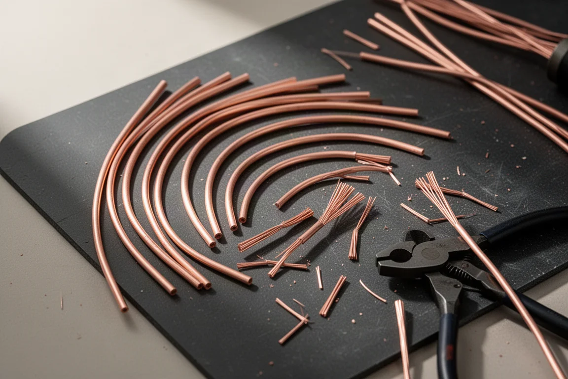 Electrician's workbench with stripped lengths of copper wire of different gauges