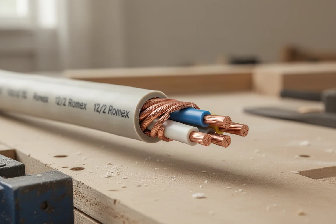 A strip of 12/2 Romex cable with the outer sheath being separated