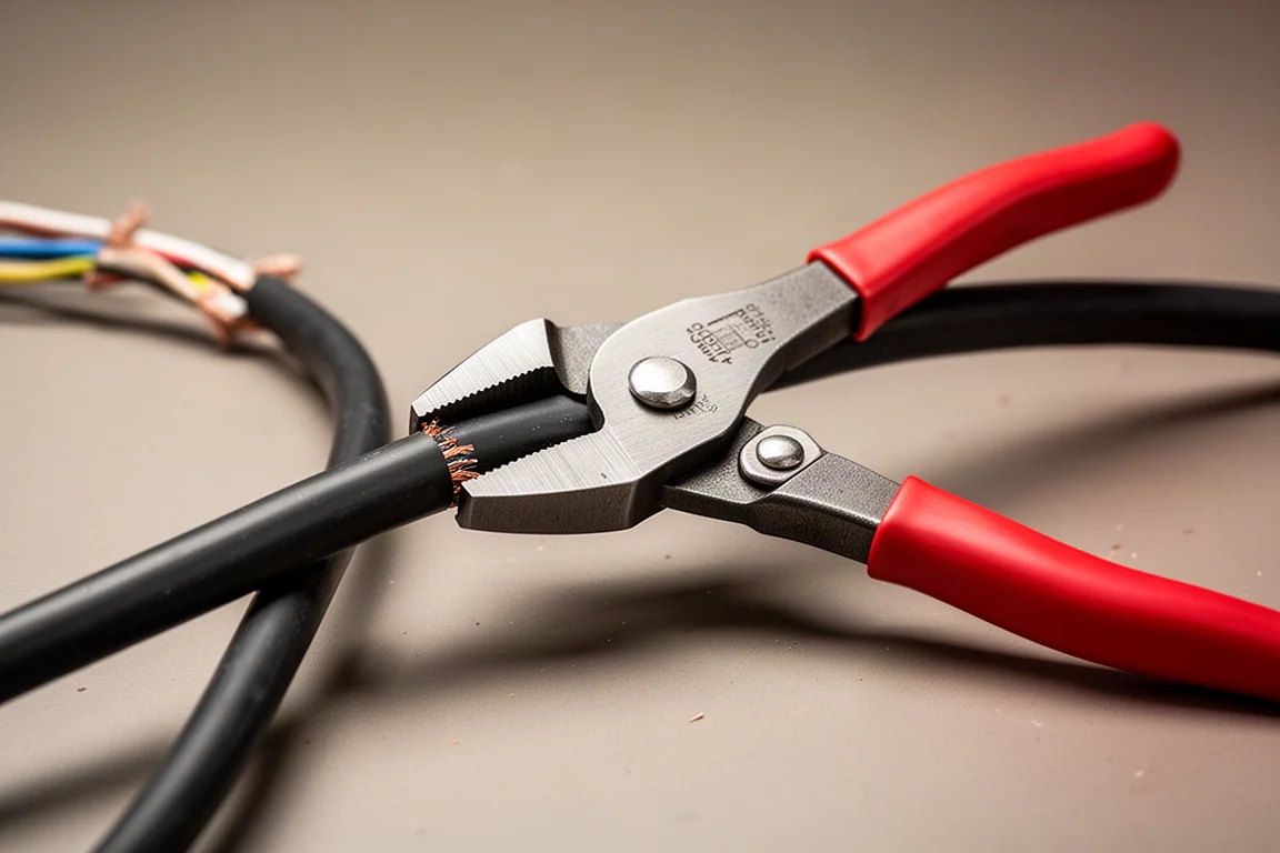 Heavy-duty cutting pliers slicing through Romex cable on a workbench