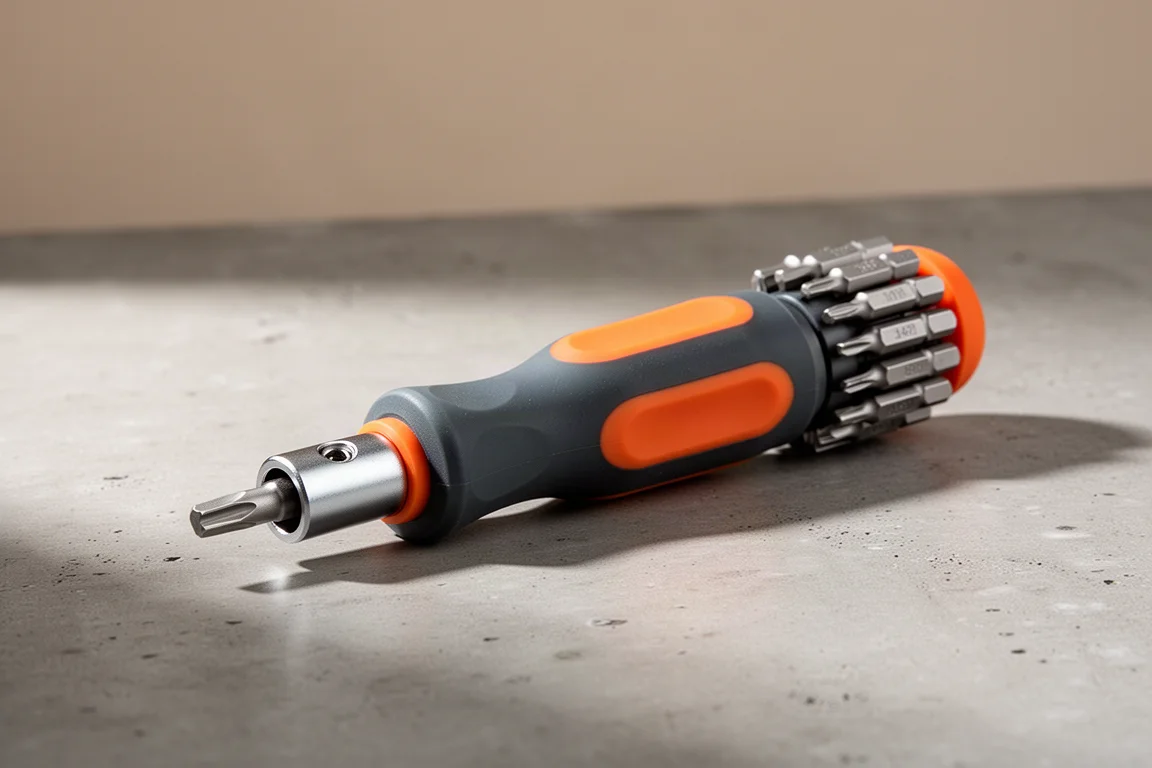 Klein Tools 16-in-1 Impact Hybrid Driver, wielobitowy wkrętak na betonowej powierzchni