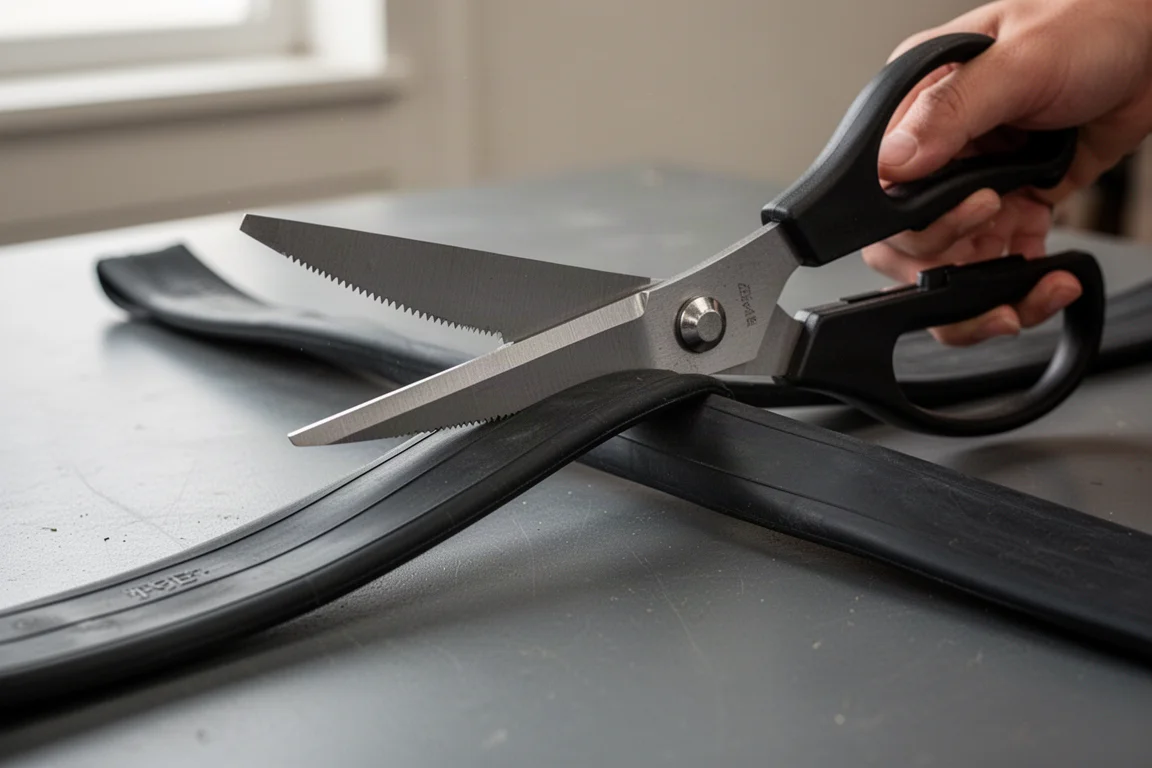 Forbici heavy duty oversize che tagliano materiale di camera d'aria in gomma