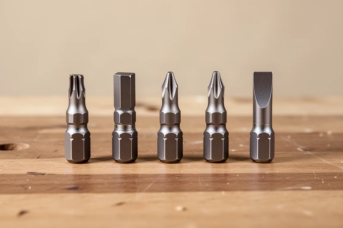 Close-up of double-sided screwdriver bits laid out on a workbench