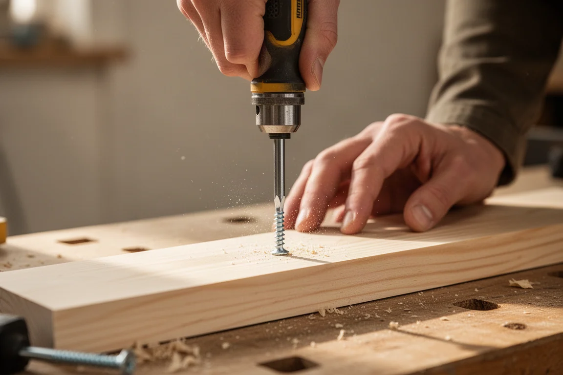Screwdriver driving a screw into a wooden board in warm workshop light