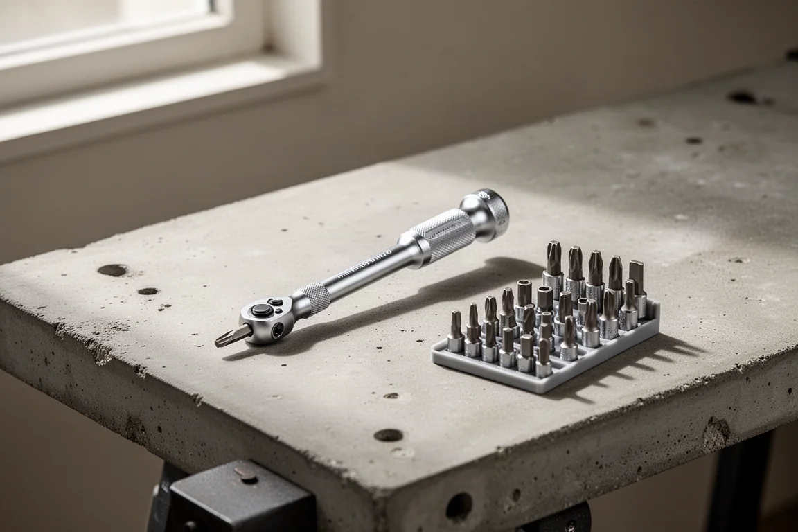 Multi-bit screwdriver resting on a workbench beside scattered tool accessories