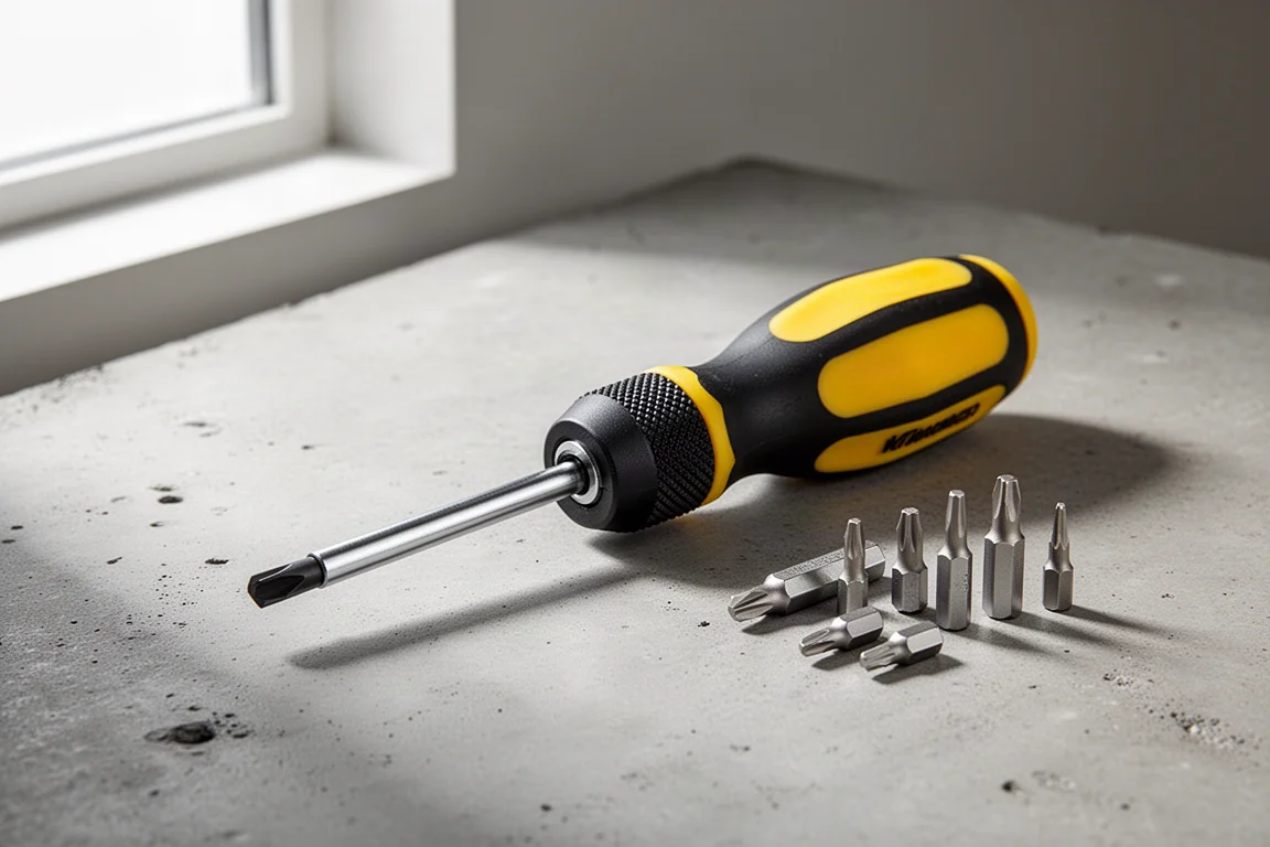 Wkrętak zapadkowy Klein Tools 32313 HD 13-in-1 na betonowej powierzchni z bity obok