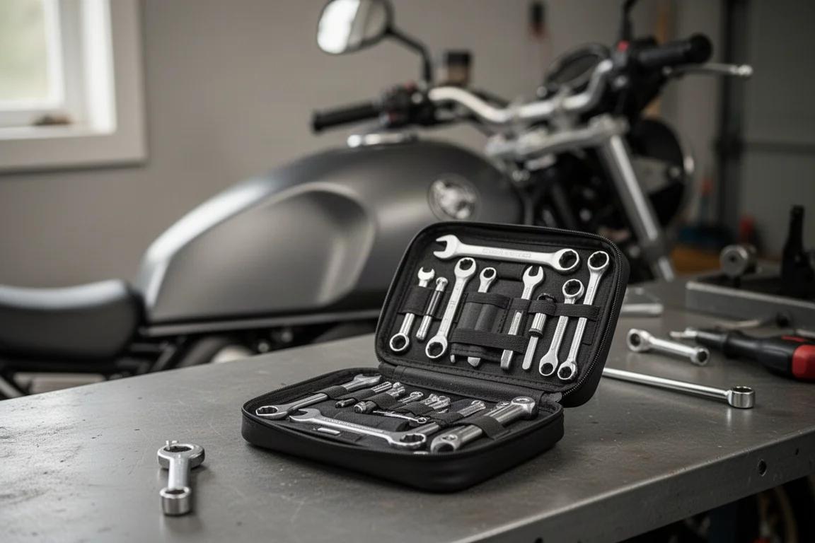 Kit di utensili manuali compatto disposto su una panca accanto a una moto, a suggerire un setup di riparazione portatile
