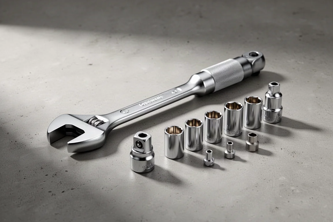 Double-ended wrench and ratchet tool with six chrome sockets on a concrete surface