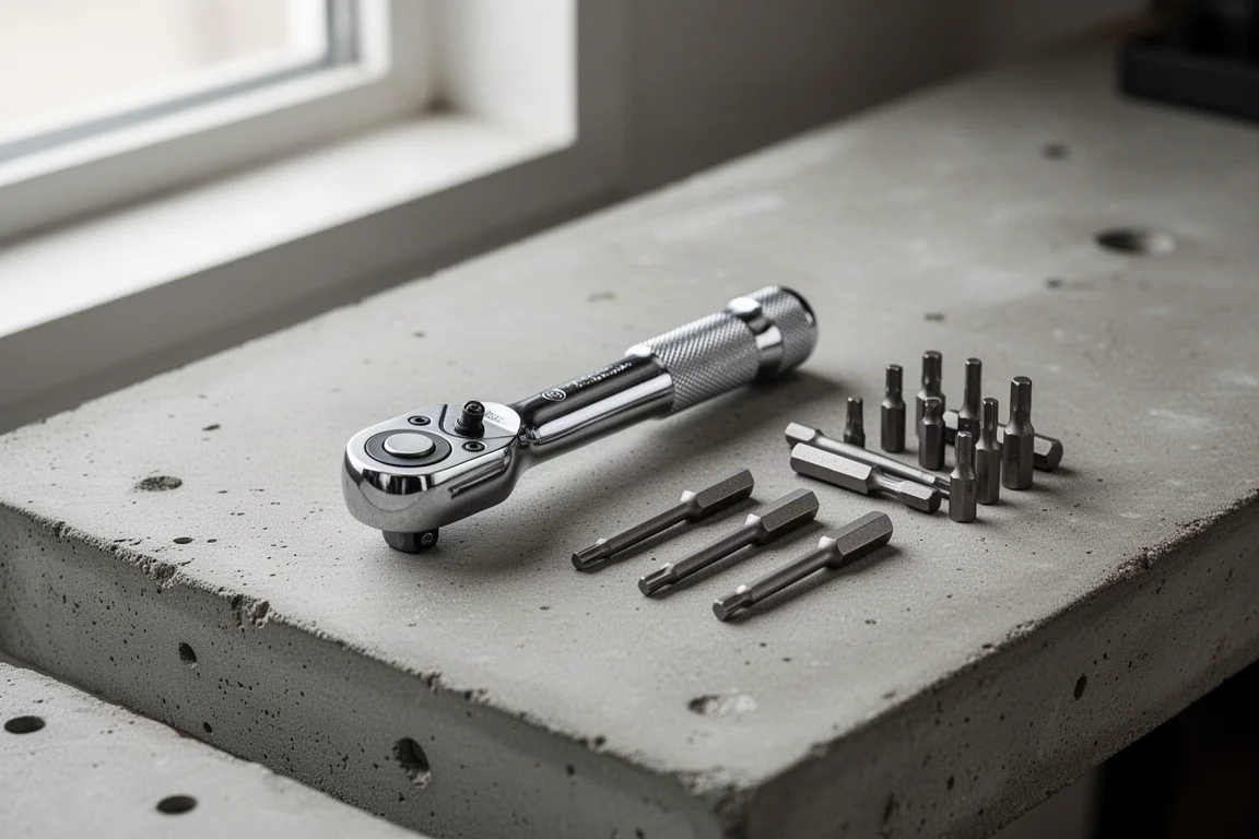 Compact chrome mini ratchet lying on a workbench next to a handful of hex bits