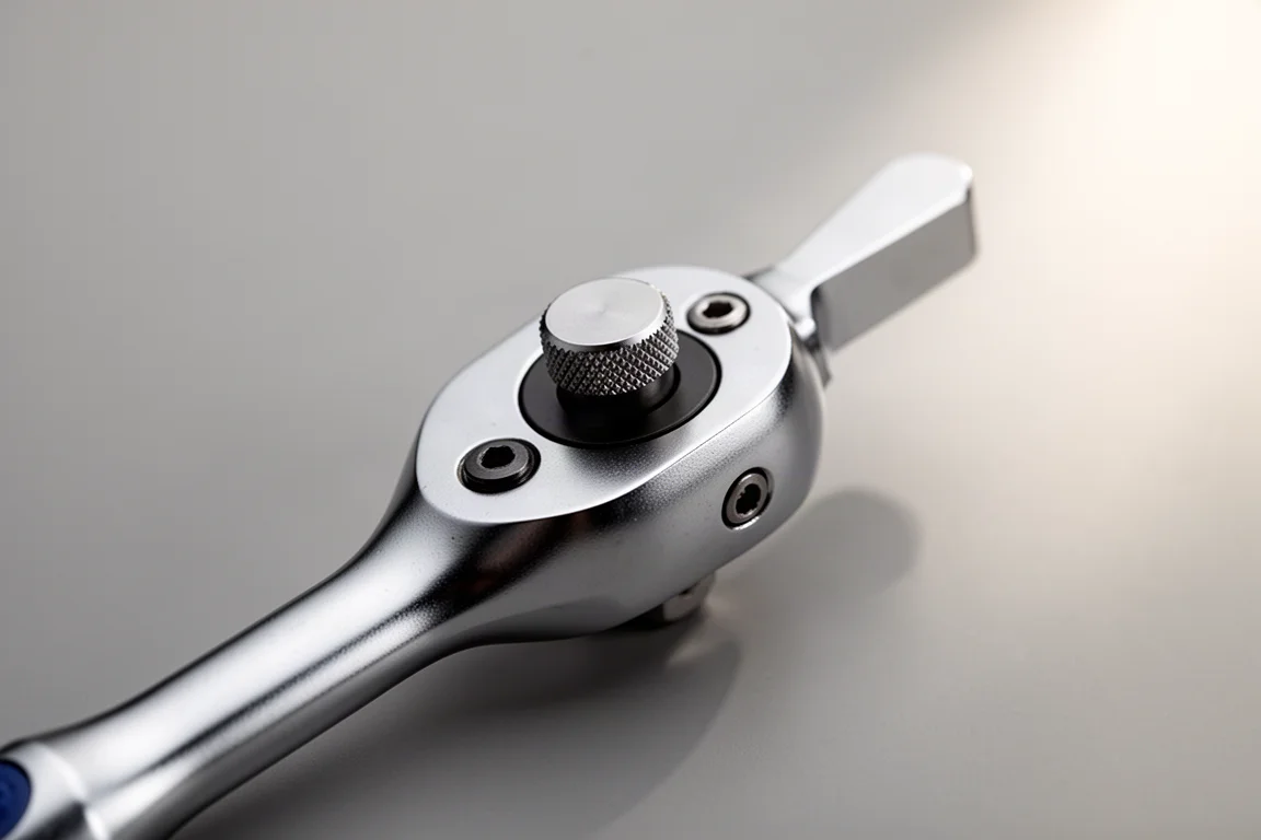 Close-up of a mini ratchet's small spinning thumb wheel and reversible switch