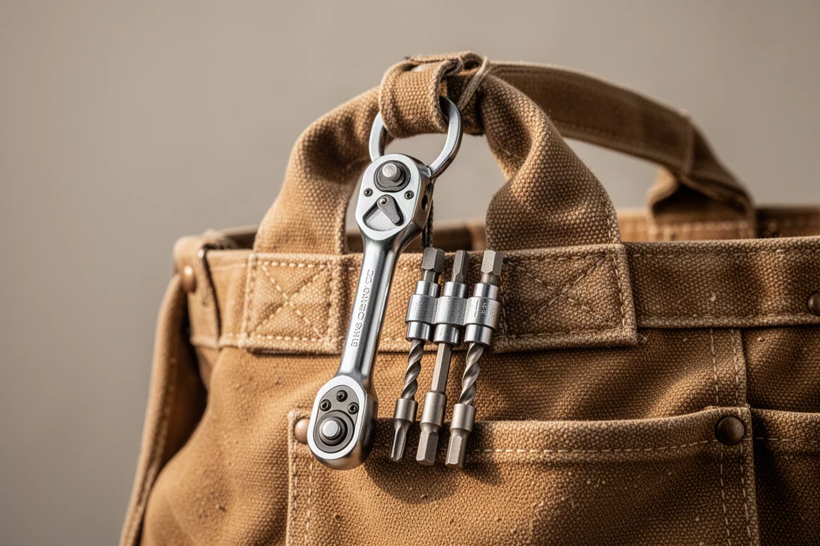 Ratchet stored on a tool bag with a bit caddy attached to its side