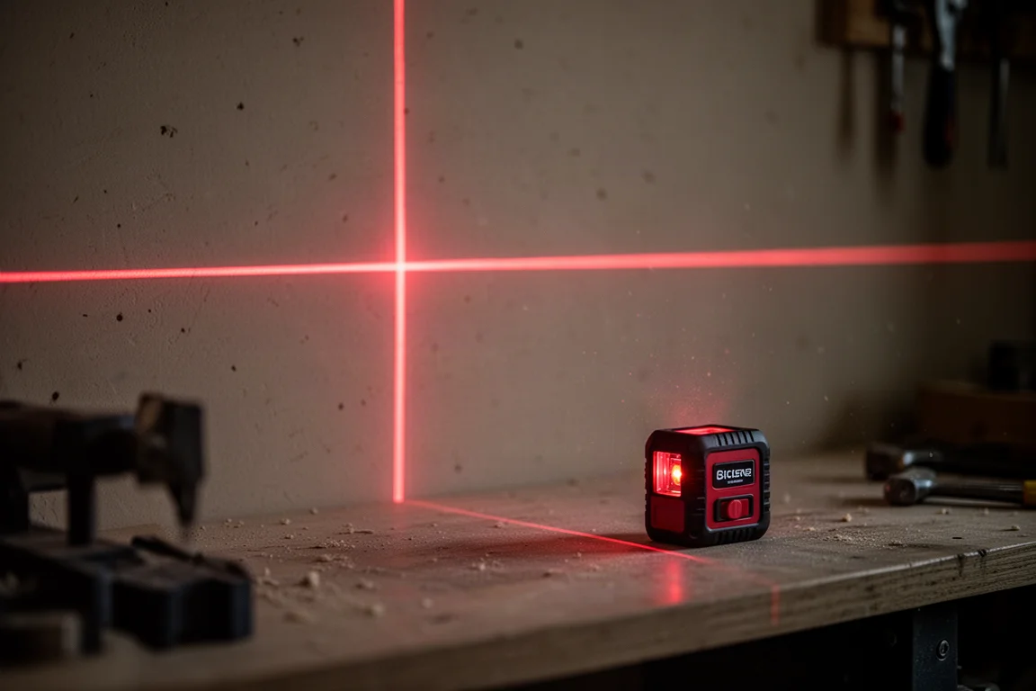 Pequeno nível a laser vermelho projetando uma linha de laser vermelha pela superfície de uma oficina