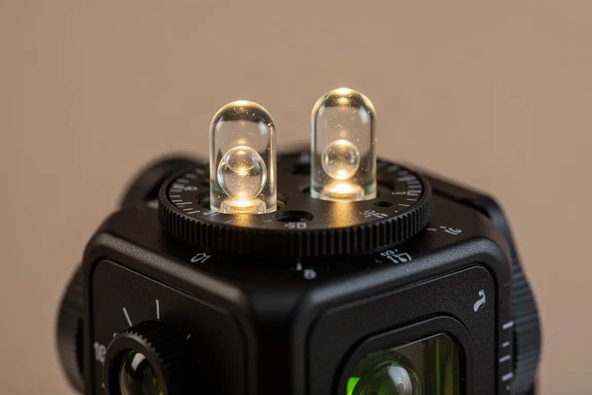 Close-up dos frascos de bolha iluminados em um nível a laser compacto