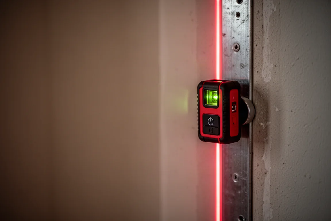 Nível a laser de bolso fixado magneticamente em um pino metálico