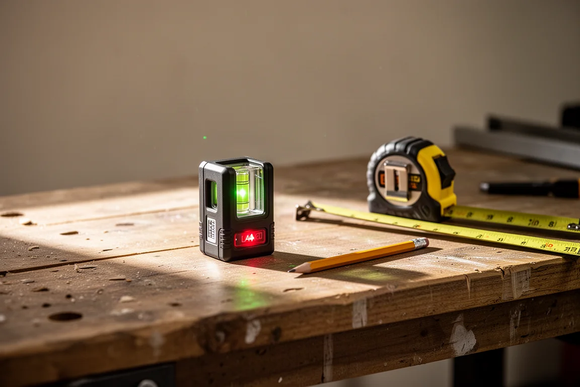 Nível a laser de bolso apoiado em uma bancada de garagem entre ferramentas manuais