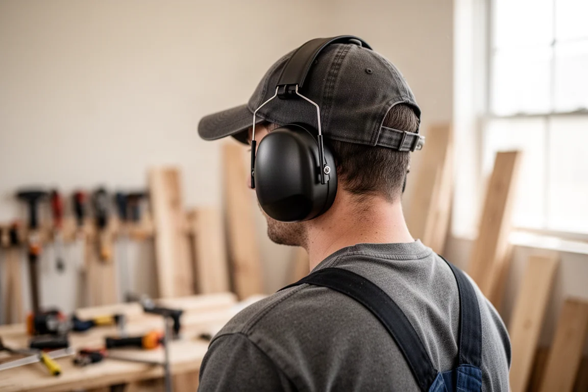 騒がしい作業現場でスリムな黒いイヤーマフを着用する作業員