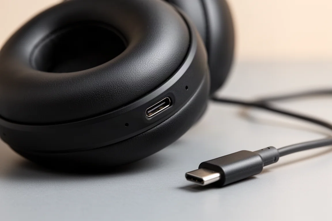 スリムなイヤーマフのUSB-C充電ポートのディテール