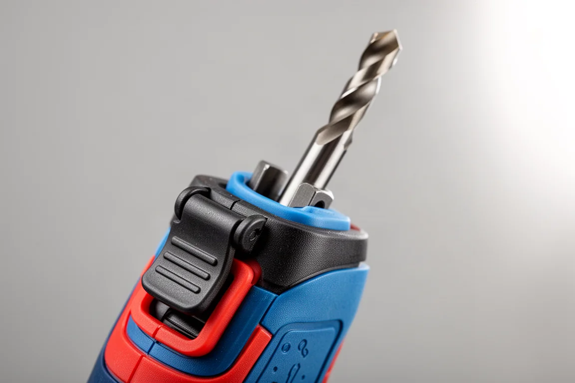 Close-up van een quick-release-mechanisme op een bit houder