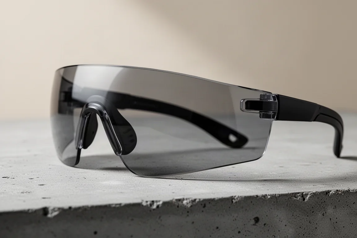 Blade-style safety glasses viewed from the side showing wide lens coverage